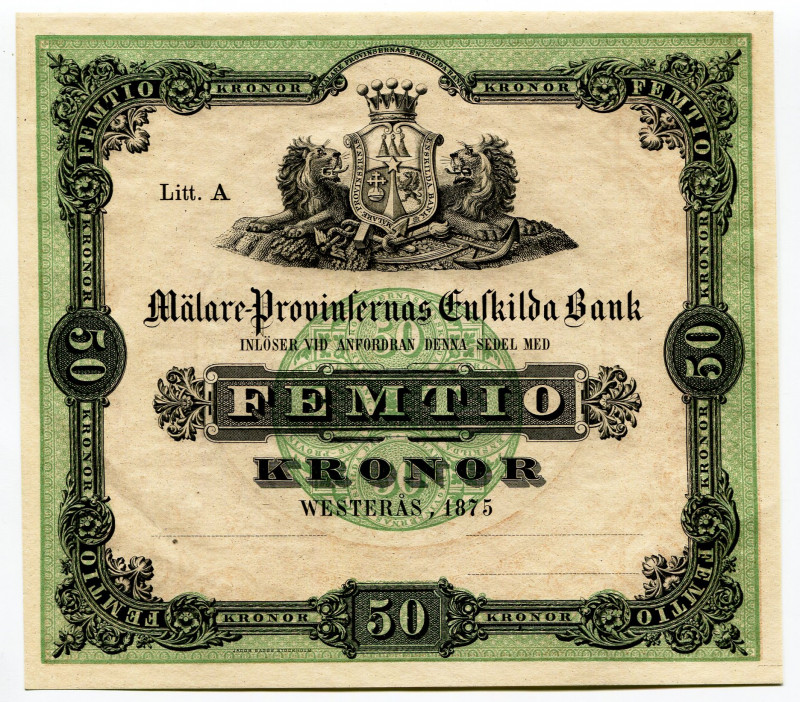 Sweden 50 Kronor 1875 Specimen
P# S329; Specimen; UNC