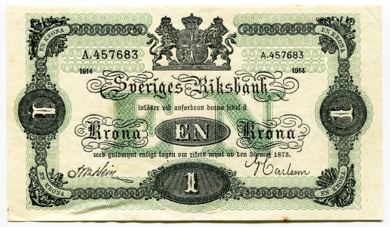 Sweden 1 Krona 1914
P# 32a, N# 205790; ; AUNC