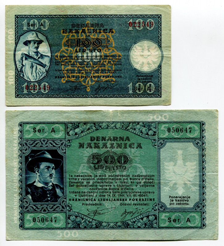 Yugoslavia 100 & 500 Lire 1924
P# R22, R23; Ser. A; VF