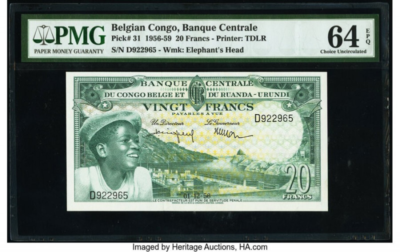 Belgian Congo Banque Centrale du Congo Belge 20 Francs 1.12.1956 Pick 31 PMG Cho...