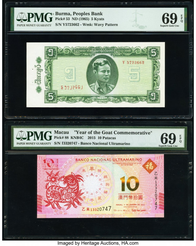 Burma Peoples Bank 5 Kyats ND (1965) Pick 53 PMG Superb Gem Unc 69 EPQ; Macau Ba...