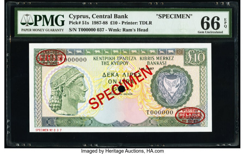Cyprus Central Bank of Cyprus 10 Pounds 1.4.1987 Pick 51s Specimen PMG Gem Uncir...