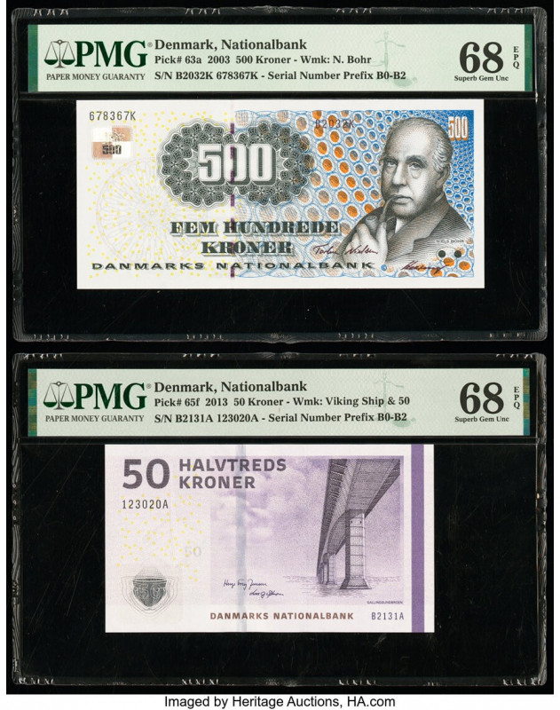 Denmark National Bank 500; 50 Kroner 2003; 2013 Pick 63a; 65f Two Examples PMG S...