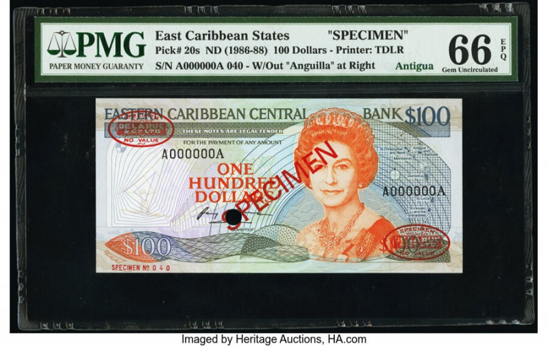 East Caribbean States Central Bank 100 Dollars ND (1986-88) Pick 20s Specimen PM...