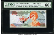 East Caribbean States Central Bank 100 Dollars ND (1986-88) Pick 20s Specimen PMG Gem Uncirculated 66 EPQ. Red Specimen & TDLR overprints and one POC ...
