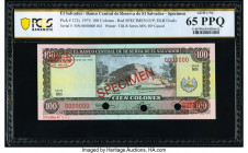 El Salvador Banco Central de Reserva de El Salvador 100 Colones 15.10.1974 Pick 122s Specimen PCGS Banknote Gem UNC 65 PPQ. Red Specimen & TDLR overpr...