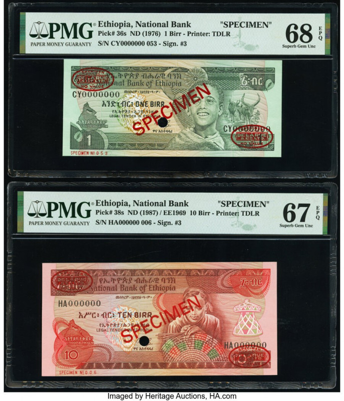Ethiopia National Bank 1; 10 Birr ND (1976); (1987) Pick 36s; 38s Two Specimen P...