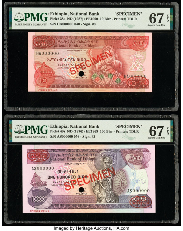 Ethiopia National Bank 10; 100 Birr ND (1976-1987) Pick 38s; 40s Two Specimen PM...