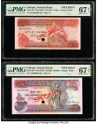 Ethiopia National Bank 10; 100 Birr ND (1976-1987) Pick 38s; 40s Two Specimen PMG Superb Gem Unc 67 EPQ. Red Specimen & TDLR overprints and one POC pr...