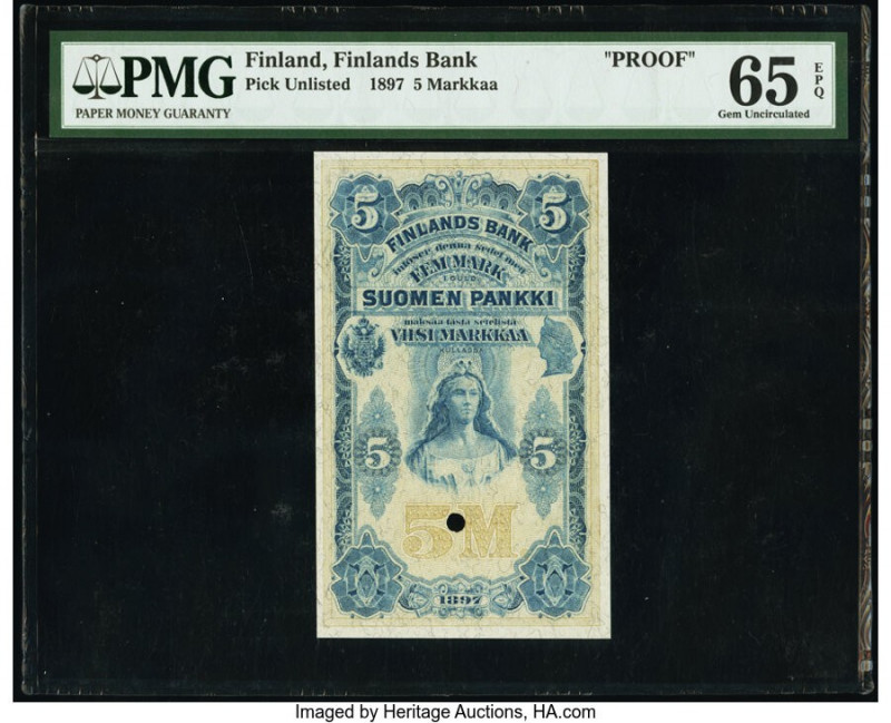 Finland Finlands Bank 5 Markka 1897 Pick UNL Proof PMG Gem Uncirculated 65 EPQ. ...