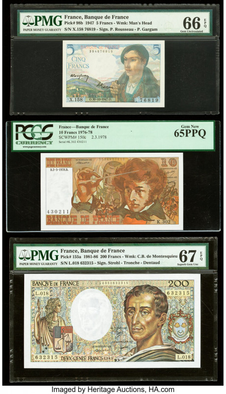 France Banque de France 5; 10; 200 Francs 30.10.1947; 2.3.1978; 1983 Pick 98b; 1...