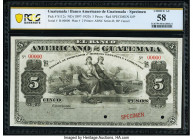 Guatemala Banco Americano de Guatemala 5 Pesos ND (1897-1920) Pick S112s Specimen PCGS Banknote Choice AU 58. Red Specimen overprints and two POCs are...