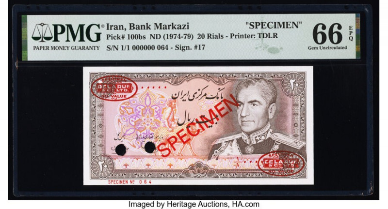 Iran Bank Markazi 20 Rials ND (1974-79) Pick 100bs Specimen PMG Gem Uncirculated...