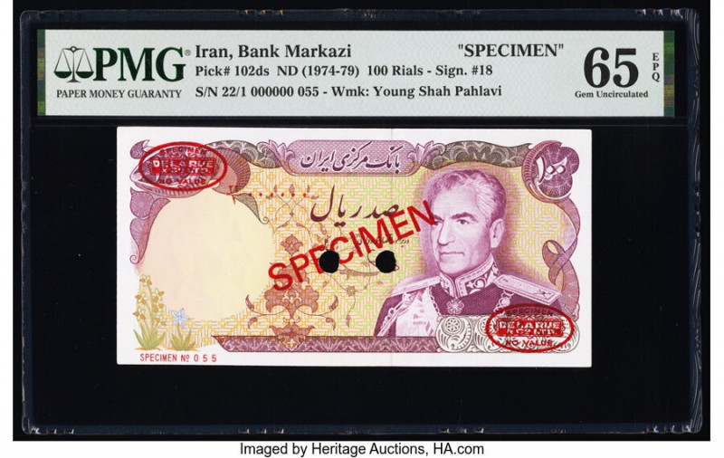 Iran Bank Markazi 100 Rials ND (1974-79) Pick 102ds Specimen PMG Gem Uncirculate...