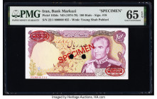 Iran Bank Markazi 100 Rials ND (1974-79) Pick 102ds Specimen PMG Gem Uncirculated 65 EPQ. Red Specimen overprints and two POCs present. 

HID098012420...
