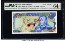 Iran Bank Markazi 200 Rials ND (1974-79) Pick 103cs Specimen PMG Choice Uncirculated 64 EPQ. Red Specimen & TDLR overprints and two POCs are present o...