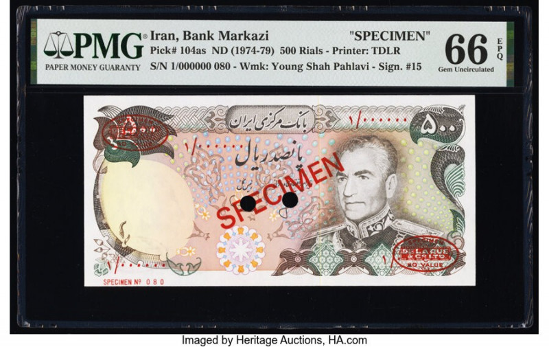 Iran Bank Markazi 500 Rials ND (1974-79) Pick 104as Specimen PMG Gem Uncirculate...
