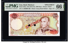 Iran Bank Markazi 1000 Rials ND (1974-79) Pick 105cs Specimen PMG Gem Uncirculated 66 EPQ. Red Specimen & TDLR overprints and two POCs are present on ...