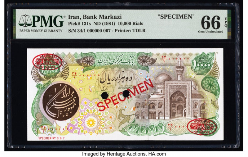 Iran Bank Markazi 10,000 Rials ND (1981) Pick 131s Specimen PMG Gem Uncirculated...