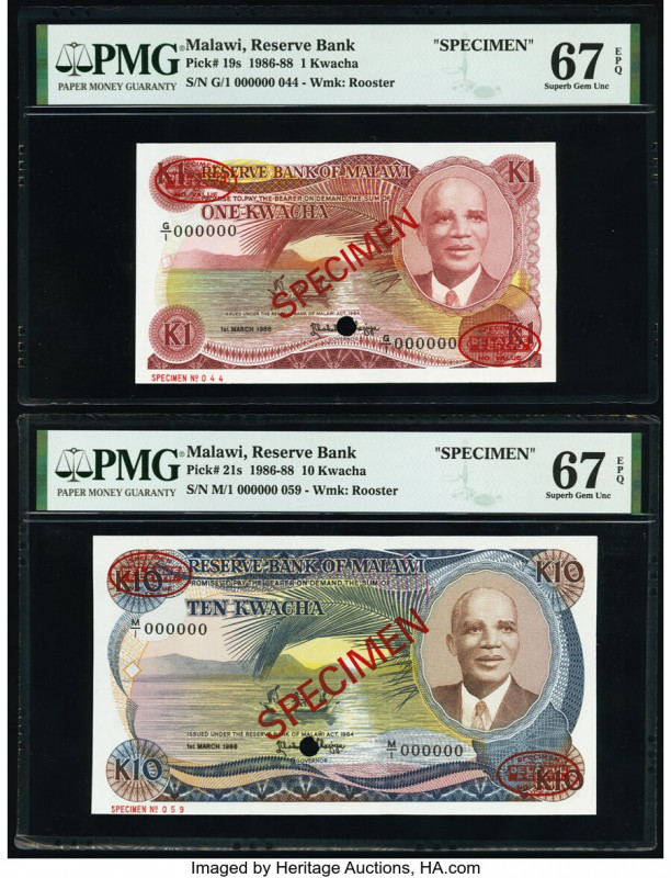 Malawi Reserve Bank of Malawi 1; 10 Kwacha 1.3.1988 Pick 19s; 21s Two Specimen P...
