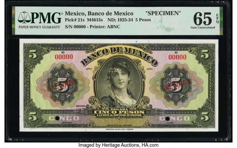 Mexico Banco de Mexico 5 Pesos ND (1925-34) Pick 21s Specimen PMG Gem Uncirculat...