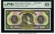 Mexico Banco de Mexico 5 Pesos ND (1925-34) Pick 21s Specimen PMG Gem Uncirculated 65 EPQ. Red Specimen overprints and two POCs are present on this ex...
