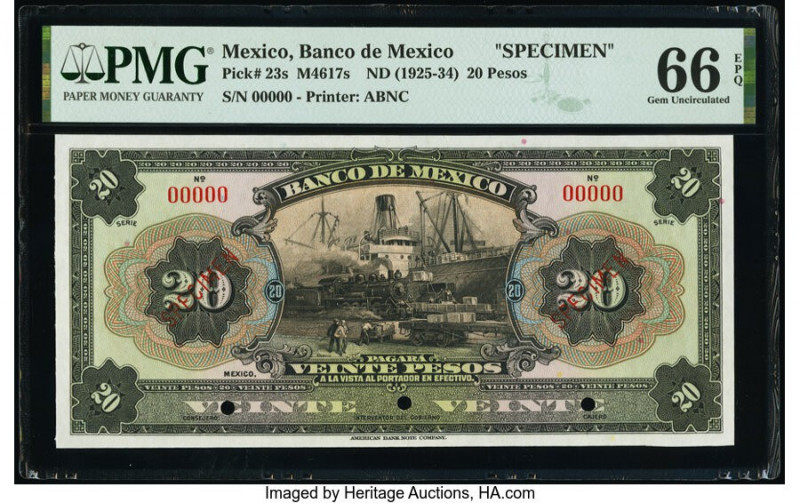 Mexico Banco de Mexico 20 Pesos ND (1925-34) Pick 23s Specimen PMG Gem Uncircula...