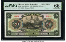 Mexico Banco de Mexico 20 Pesos ND (1925-34) Pick 23s Specimen PMG Gem Uncirculated 66 EPQ. Red Specimen overprints and three POCs are present on this...