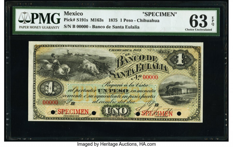 Mexico Banco de Santa Eulalia 1 Peso 1875 Pick S191s M163s Specimen PMG Choice U...