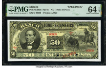Mexico Banco de Londres y Mexico 50 Pesos 1.10.1913 Pick S236fs Specimen PMG Choice Uncirculated 64 EPQ. Red Specimen overprints and two POCs present....