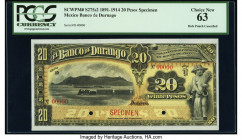 Mexico Banco de Durango 20 Pesos 1891 Pick S275s2 Specimen PCGS Choice New 63. Red Specimen overprints and two POCs are present on this example. 

HID...