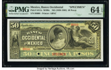 Mexico Banco Occidental 50 Pesos ND (1898-1904) Pick S411s M498s Specimen PMG Choice Uncirculated 64 EPQ. Red Specimen overprints, printer's stamp ink...