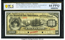 Mexico Banco de Sonora 100 Pesos 1.7.1902 Pick S423s Specimen PCGS Banknote Choice UNC 64 PPQ. Red Specimen overprints and two POCs are present on thi...