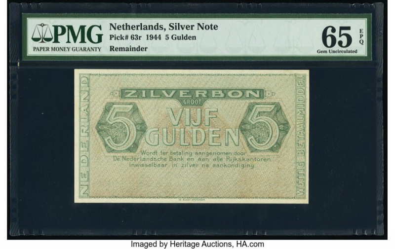 Netherlands Silver Note 5 Gulden 1944 Pick 63r Remainder PMG Gem Uncirculated 65...