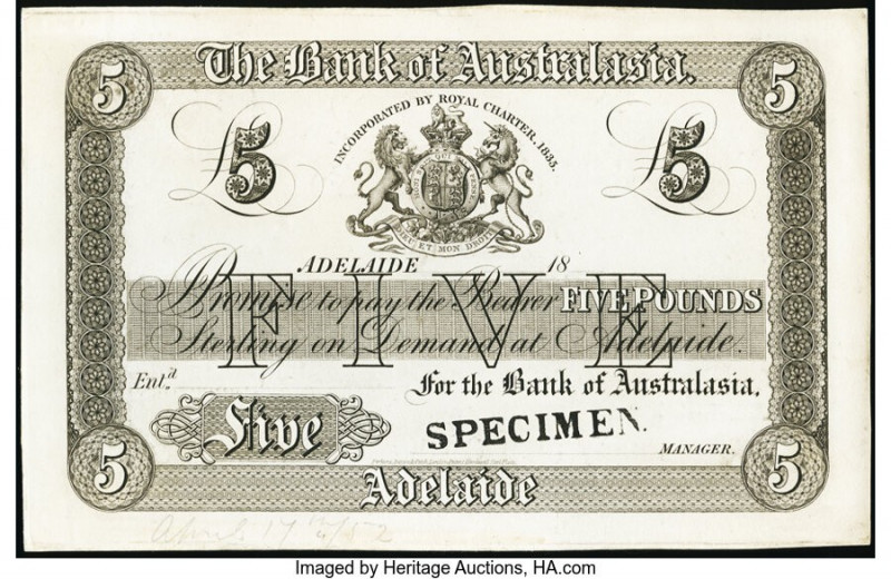 New Zealand Bank of Australasia, Adelaide 5 Pounds ND Pick UNL Specimen Proof Cr...