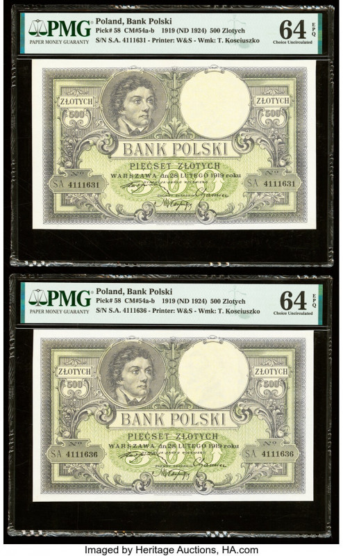 Poland Bank Polski 500 Zlotych 1919 (ND 1924) Pick 58 Two Examples PMG Choice Un...