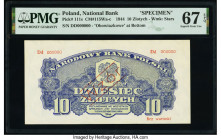 Poland Polish National Bank 10 Zlotych 1944 Pick 111s Specimen PMG Superb Gem Unc 67 EPQ. Red Wzor overprints are present on this example. 

HID098012...