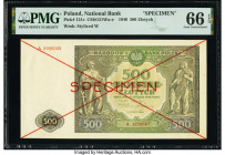 Poland Polish National Bank 500 Zlotych 1946 Pick 121s Specimen PMG Gem Uncirculated 66 EPQ. Red Specimen overprints are present on this example. 

HI...