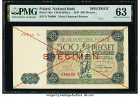Poland Polish National Bank 500 Zlotych 1947 Pick 132s Specimen PMG Choice Uncirculated 63. A small tear is noted and red Specimen overprints are pres...