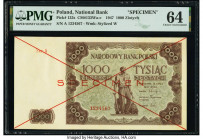 Poland Polish National Bank 1000 Zlotych 1947 Pick 133s Specimen PMG Choice Uncirculated 64. Red Specimen overprints are present on this example. 

HI...