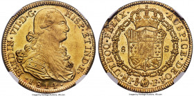 Ferdinand VII gold 8 Escudos 1814 So-FJ MS64+ NGC, Santiago mint, KM78, Cal-1871. A dazzling survivor of this popular issue, showcasing satin cracklin...