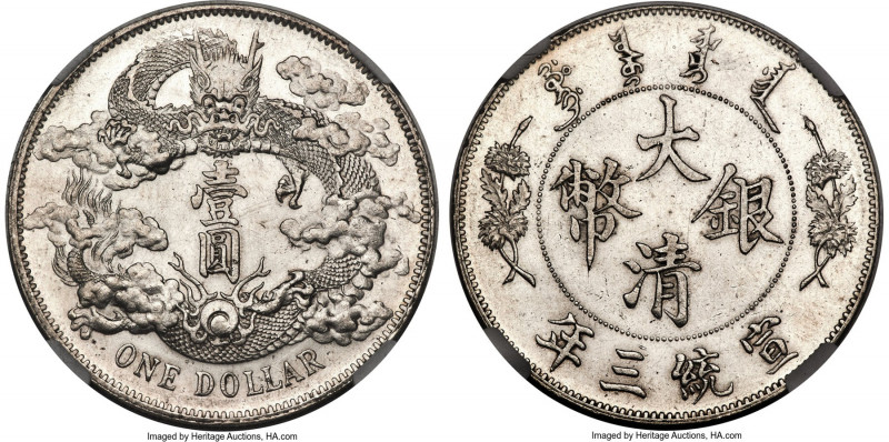 Hsüan-t'ung Dollar Year 3 (1911) MS62 NGC, Tientsin mint, KM-Y31, L&M-37, Kann-2...