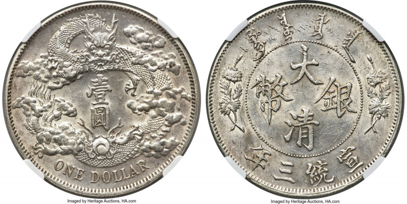 Hsüan-t'ung Dollar Year 3 (1911) MS62 NGC, Tientsin mint, KM-Y31, L&M-37, Kann-2...