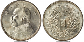 Republic Yuan Shih-kai Dollar Year 3 (1914) MS65+ PCGS, KM-Y329, L&M-63, Kann-645, WS-0174-8. Yuan connected (Triangle Yuan) variety, with recut stars...