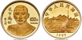 People's Republic gold Proof "Sun Yat-sen" 100 Yuan (1 oz) 1993, Shanghai mint, KM535, Cheng-pg. 135, 2, CC-492. An exceedingly scarce modern issue de...