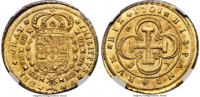 Philip V gold 8 Escudos 1701 S-M MS65 NGC, Seville mint, KM260, Cal-2267, Cay-9876. 8-S-8-M, flowers at fleece variety. An absolutely radiant specimen...