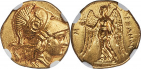 MACEDONIAN KINGDOM. Alexander III the Great (336-323 BC). AV stater (17mm, 8.64 gm, 1h). NGC Choice MS 4/5 - 5/5, die shift. Early posthumous issue of...