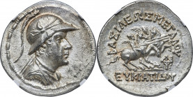 BACTRIAN KINGDOM. Eucratides I the Great (ca. 170-145 BC). AR tetradrachm (33mm, 16.96 gm, 11h). NGC MS 5/5 - 3/5. Draped and cuirassed bust of Eucrat...