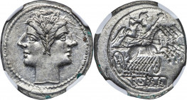 Anonymous. Ca. 225-214/2 BC. AR didrachm or quadrigatus (21mm, 6.68 gm, 1h). NGC MS 4/5 - 4/5. Uncertain mint. Laureate janiform heads of the Dioscuri...