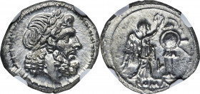 Anonymous. Ca. 211-208 BC. AR victoriatus (18mm, 3.72 gm, 11h). NGC Choice MS 5/5 - 4/5, Fine Style. Luceria. Laureate head of Jupiter right, hair in ...